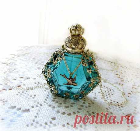 Teal Perfume Bottle Glass Necklace Filigree Wrapped With Bird