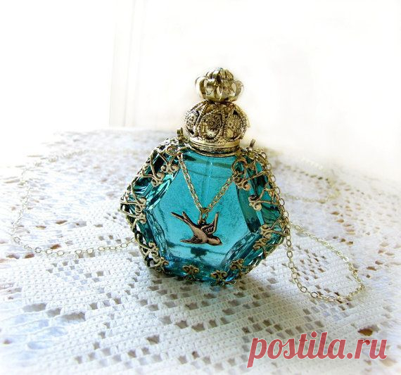 Teal Perfume Bottle Glass Necklace Filigree Wrapped With Bird