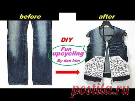 DIY 청바지-레이스배색집업조끼로리폼 zip-up denim vest 패션 스타일