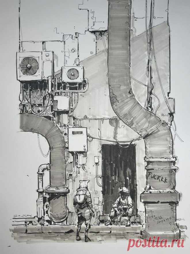 Рисунок. Фасад здания. Кондиционеры. Трубы. Фигуры людей.