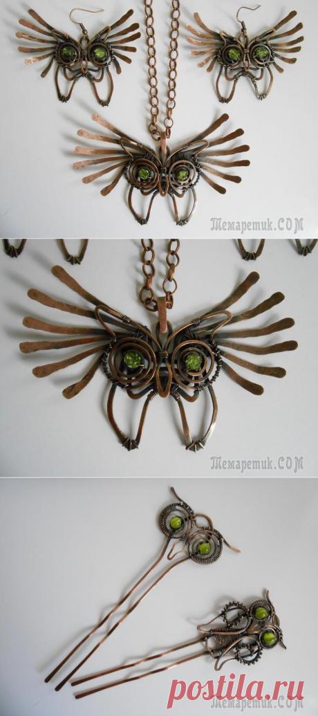 Комплект и шпильки ручной работы выполненные в технике Wire wrap. Совушка.