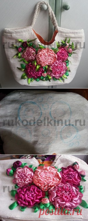 Украшаем сумку из ткани цветами. Вышивка шелковыми лентами. »