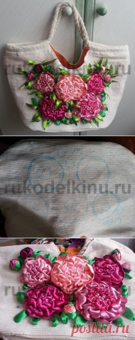 Украшаем сумку из ткани цветами. Вышивка шелковыми лентами. »