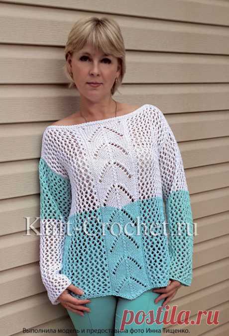 Пуловер удлиненный «Домино» на спицах.