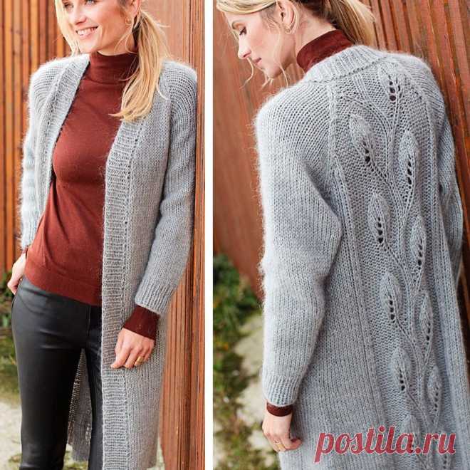 Вяжем для себя   
ВАМ ПОТРЕБУЕТСЯ

Пряжа 1 (100 % шерсти; 150 г/280 м) — 4 (4) 4 (5) мотков серой меланжевой; 
пряжа 2 (75 % мохера, 25% шeлка; 25 г/125 м) — 8 (8) 9 (10) мотков серой; спицы №6,5 и 7; круговые спицы №6,5 длиной 80 см (лучше 2 пары для планок). УЗОРЫ И СХЕМЫ

РЕЗИНКА

1 лиц., 1 изн.

ЛИЦЕВАЯ ГЛАДЬ

Лицевые ряды — лицевые петли, изнаночные ряды — изнаночные петли. В круговых рядах все петли провязывать лицевыми.

УЗОР «ЛИСТОЧКИ»

Вязать по схеме.
ПЛОТНОСТЬ В...