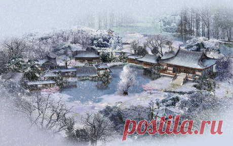 Зима в китайском поселении обои для рабочего стола, картинки, фото, 1680x1050.