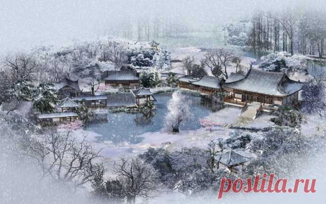 Зима в китайском поселении обои для рабочего стола, картинки, фото, 1680x1050.
