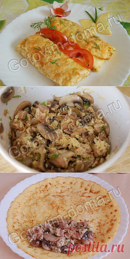 Рецепт: Яичные блинчики с курицей и грибами
