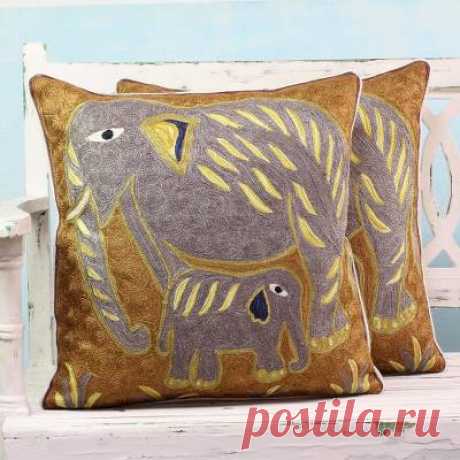 Elephant Theme Embroidered Chainstitch Cushion Covers (Pair) - Grey Indian Elephants | NOVICA