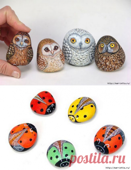 Божьи коровки и клубничка. Живопись на гальке.