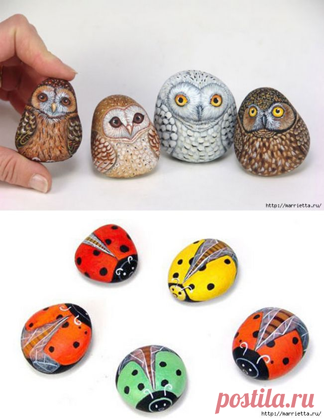 Божьи коровки и клубничка. Живопись на гальке.