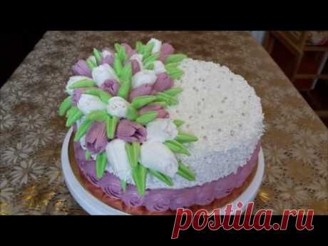 Торт со СМЕТАННЫМ кремом и КЛУБНИЧНЫМ желе Торт с ТЮЛЬПАНАМИ Украшаем бзк Cake decoration