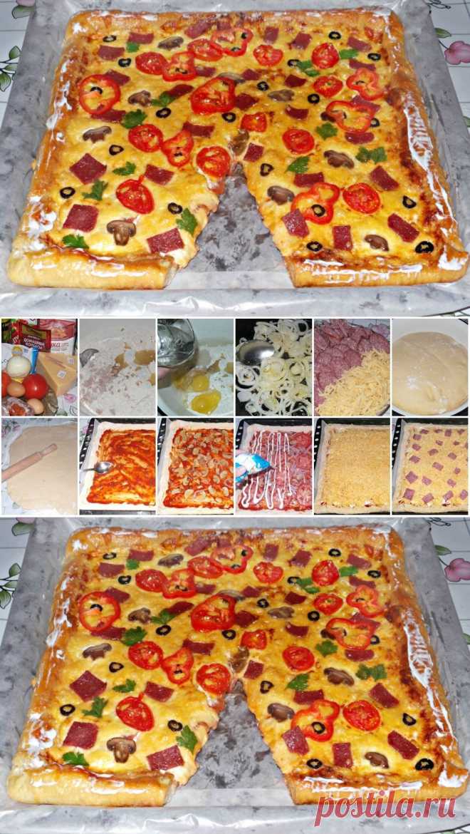 Как приготовить домашняя пицца с сырокопчёной колбасой, сыром и грибами - рецепт, ингридиенты и фотографии