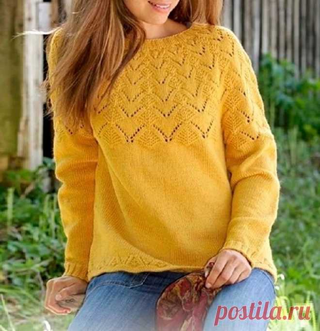 Вязание спицами. ДЖЕМПЕР С КРУГЛОЙ АЖУРНОЙ КОКЕТКОЙ.
