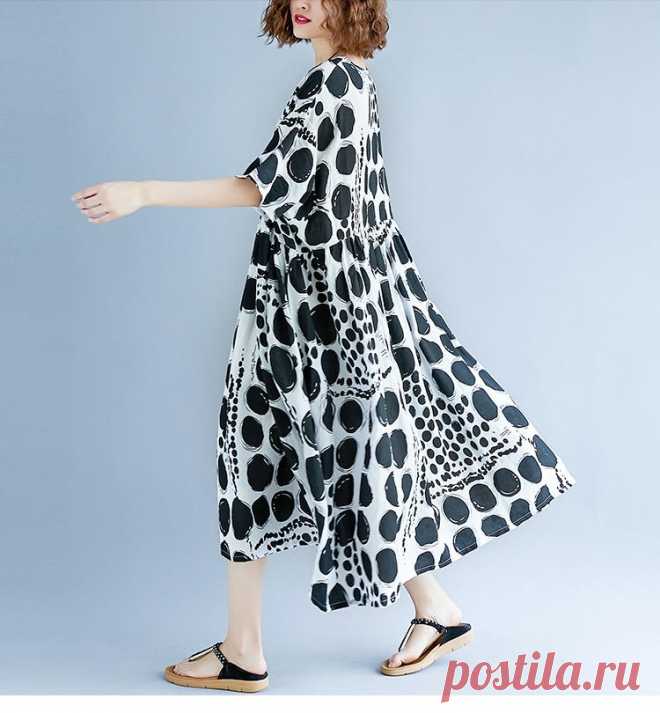 Femme Large Vestidos Clothing Print Dot Black Elegant Lady Casual Loos - idetsnkf