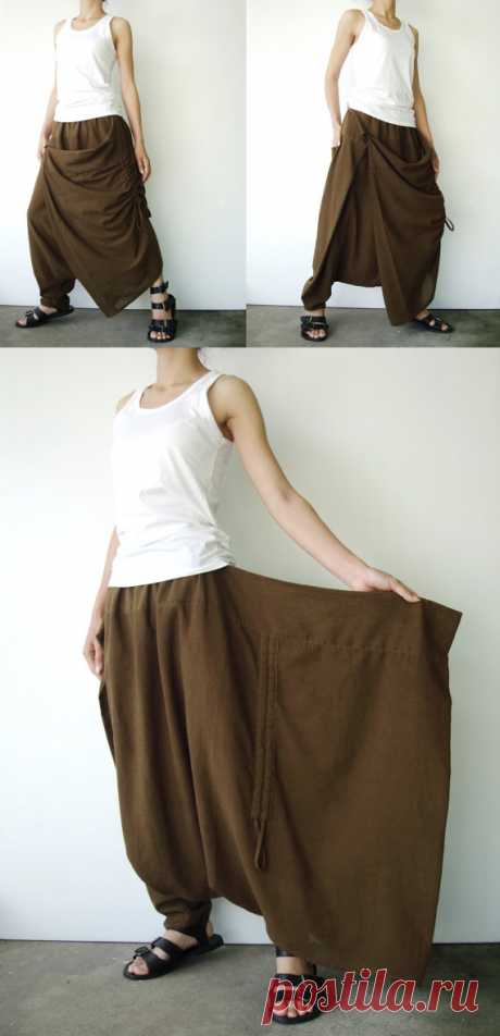 NO.26 Greenish Brown Cotton Asymmetric Harem Pants от JoozieCotton