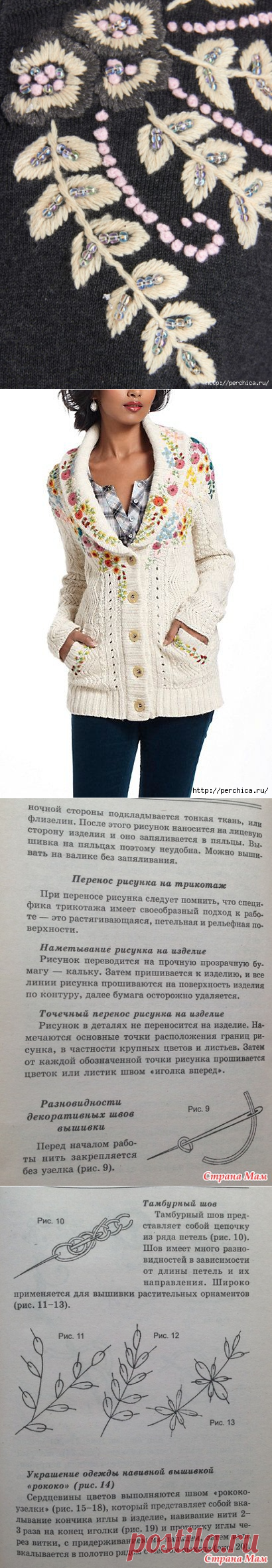 Декоративное украшение вязаной одежды - ручная вышивка по трикотажному полотну