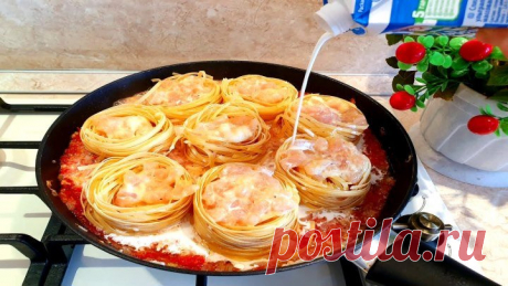 Вкусный сытный ужин или обед, гнезда из макарон с фаршем!