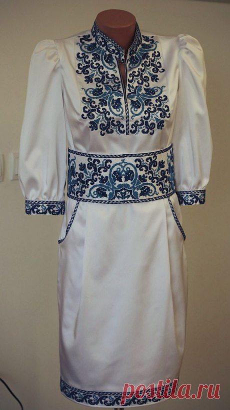 Вишита сукня з голубим сокальським орнаментом | Студія вишивки &quot;Гойра&quot;