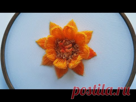 Amazing Wool Embroidery Yellow water lily or Flower Fantasy Stitch mix