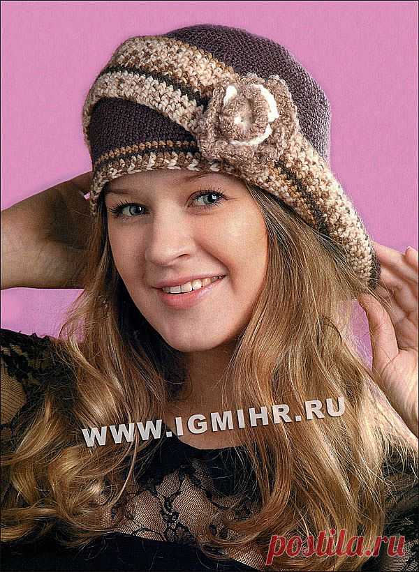 Шляпка с отворотом и цветком для романтической леди. Крючок