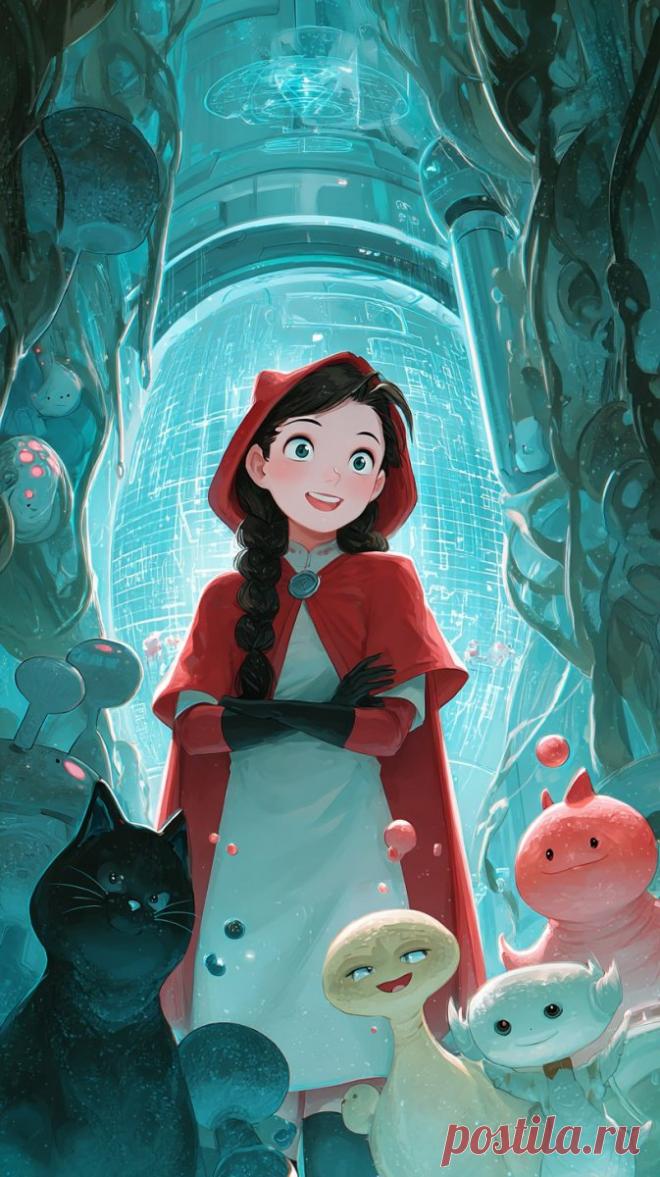 Красная Шапочка в космосе: сказка будущего и звездные друзья. Изображение из нейронной сети Midjourney - Midjourney примеры промтов - Форум ИИ о нейросетях - Yes Ai