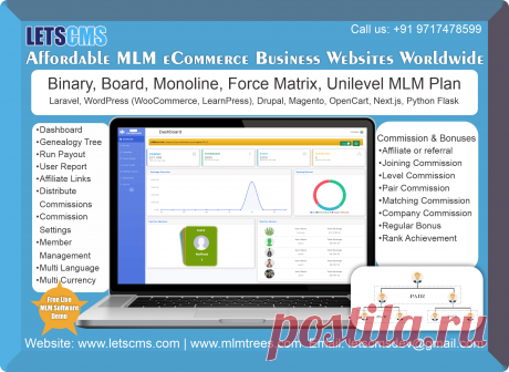 LETSCMS provides affordable MLM (Multi-Level Marketing) e-commerce business websites in the USA, UK, China, Russia, Japan, Spain, and many more. As a global MLM service provider, we specialize in Binary, Board, Monoline, Force Matrix, Unilevel MLM e-commerce plans, and E-pin business systems. Our solutions are fully customizable with Laravel, WordPress (LearnPress, WooCommerce), Magento, Drupal, OpenCart, Next.js, and Python Flask. Features include admin and user dashboards, genealogy trees, pay
