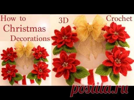 Corona de Navidad flores Nochebuena 3D a Crochet en Punto Tunecino tejido tallermanualperu