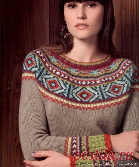 Пуловер "Персия" с круглой жаккардовой кокеткой от Норы Гоан. Persian Yoke Pullover by Norah Gaughan.