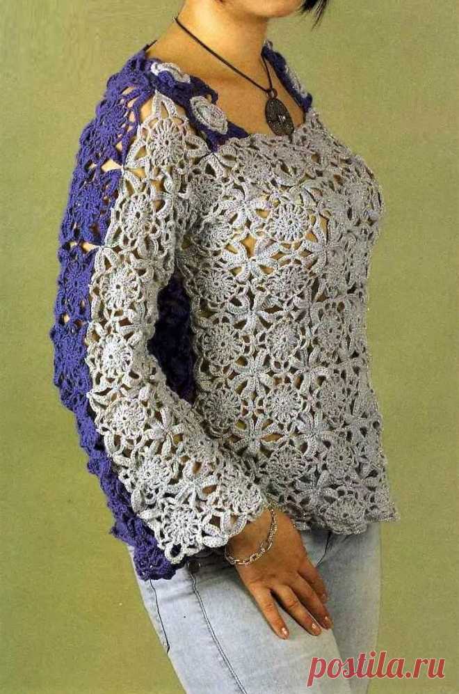 Двухцветная ажурная кофточка крючком, схемы и описание | Идеи рукоделия | Яндекс Дзен