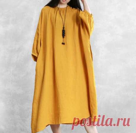 Linen long dress Yellow linen dress womens A cropped dress | Etsy