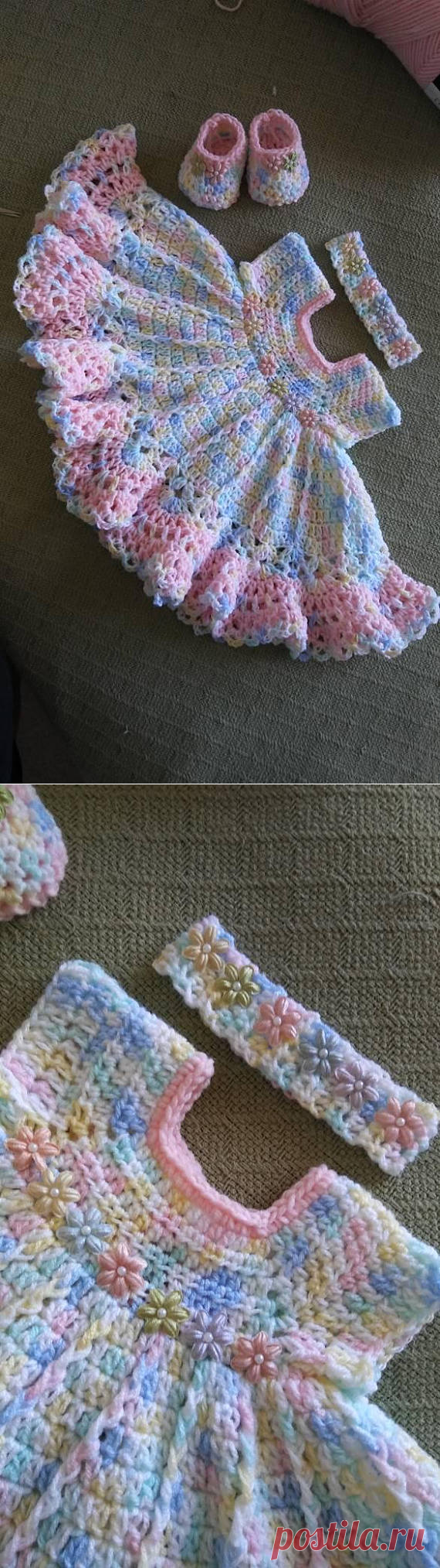 Hand crochet multicolored baby dress set with velvet flowers