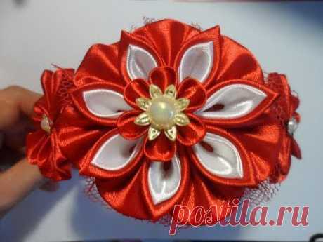 Красный ободок для волос Канзаши / kanzashi flowers tutorial - Рукоделие. - Видео - Хобби.