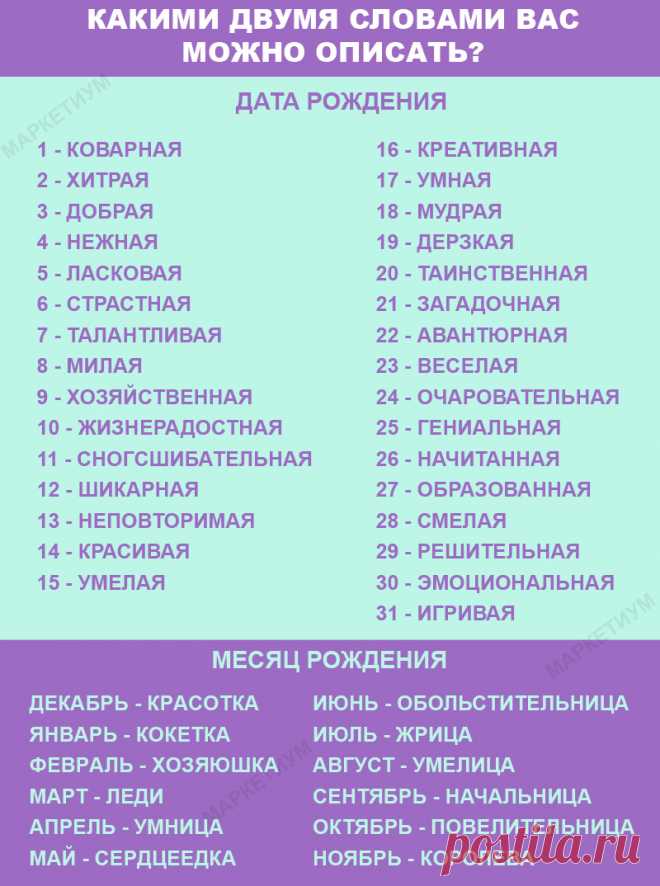 Выберите дату и месяц вашего рождения и узнайте, какими двумя словами вас можно описать