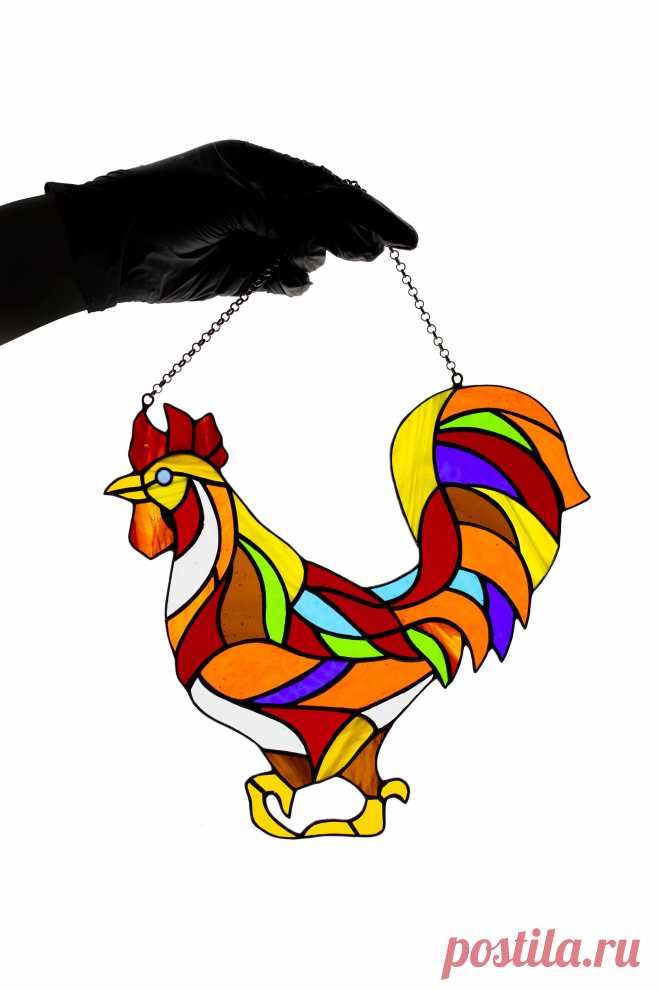 Stained glass window hanging Rooster suncatcher Stained glass art Gard The rooster is a symbol of sexuality, observance. It is a bird with very diverse physical characteristics. As such, they have a wide range of positive symbolism in your life.Rooster window hanging suncatcher made of stained glass pieces by my own disign.Handmade using Tiffany copper foil technique.Looks amazing in the