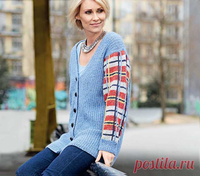 Кардиган с рукавами в клетку — схема вязания спицами с описанием на BurdaStyle.ru