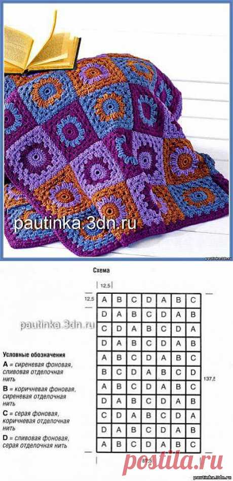 Вязаное покрывало из кадратов - Схемы вязания пледа - Схемы для вязания - Уроки вязания крючком - Вязание крючком, мотивы, схемы для вязания крючком