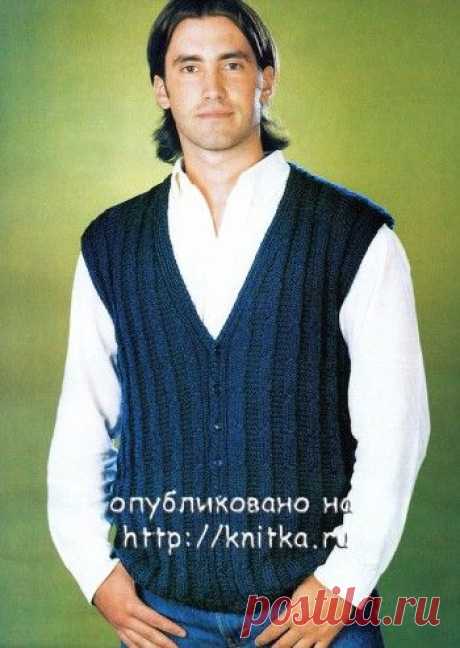 Синий жилет спицами с описанием и схемой вязания, Вязание для мужчин спицами