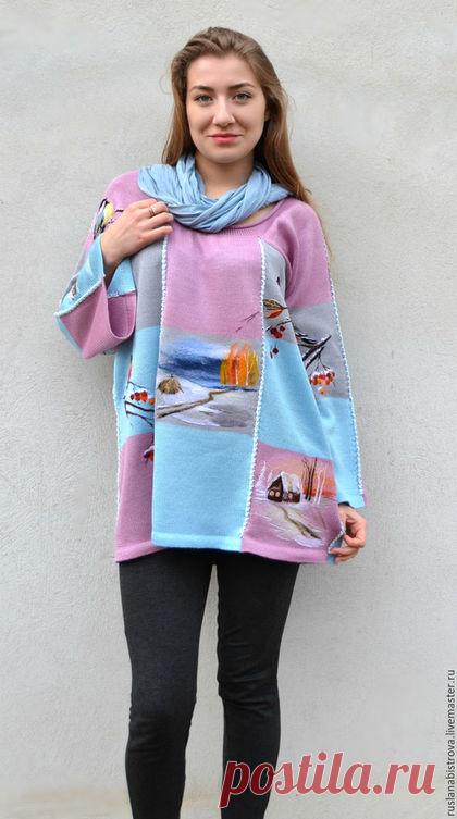 Купить " Зима. Коллаж." - розовый, рисунок, голубой, серый, снегирь, синички