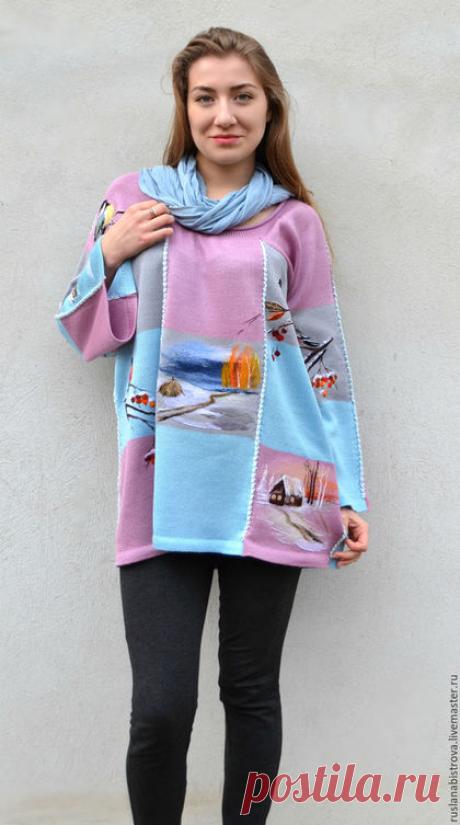 Купить &quot; Зима. Коллаж.&quot; - розовый, рисунок, голубой, серый, снегирь, синички