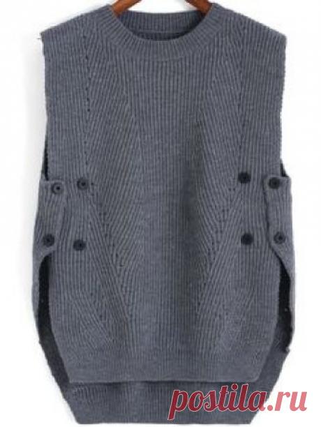 Серый вязаный свитер без рукавов с пугавицами