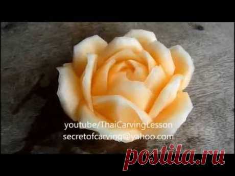 Cantaloupe Carving Design1,Rose Flower,Lessons 7 for Advance,แกะสลักกุหลาบม้วน จาก แคนตาลูป
