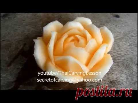Cantaloupe Carving Design1,Rose Flower,Lessons 7 for Advance,แกะสลักกุหลาบม้วน จาก แคนตาลูป