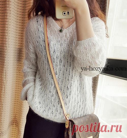 Нежный пуловер из мохера спицами.Связать женский свитер из мохера спицами