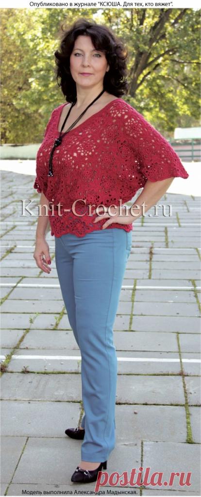 Красный топ из 6-гранных мотивов крючком.