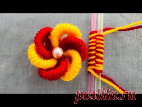 Поделки своими руками - Цветок из шерстяной пряжи - Трюк из соломы для изготовления цветка - Как сделать протяжку