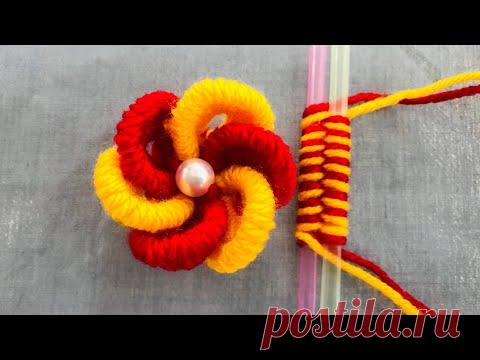 Поделки своими руками - Цветок из шерстяной пряжи - Трюк из соломы для изготовления цветка - Как сделать протяжку