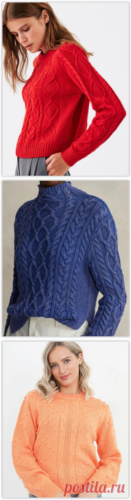 Яркие модные свитера с косами, ромбами и шишечками - брендовые модели и схемы вязания спицами!