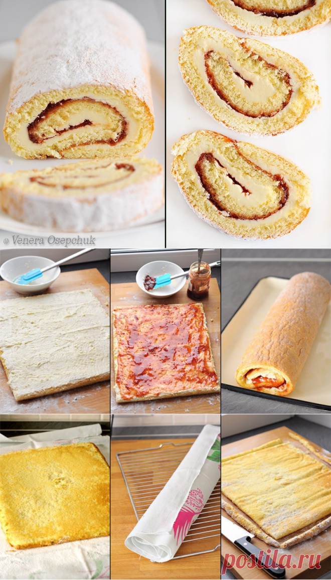 Как приготовить бисквитный рулет с масляно-сливочным кремом и клубничным джемом - рецепт, ингредиенты и фотографии