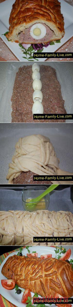 Пирог плетенка с фаршем и яйцом - Кулинарные рецепты